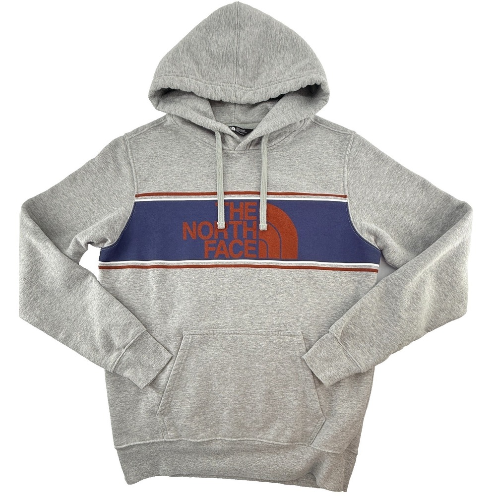 The North Face Mens M Hoodie Gray Logo‎ Stripe Pullover Fleece Kangaroo Pocket